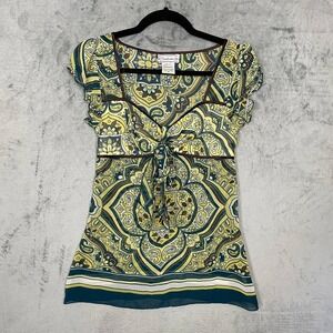 Boho Sheer Ruched Empire Babydoll Tie Front Y2K Stretch Top Small Retro Festival